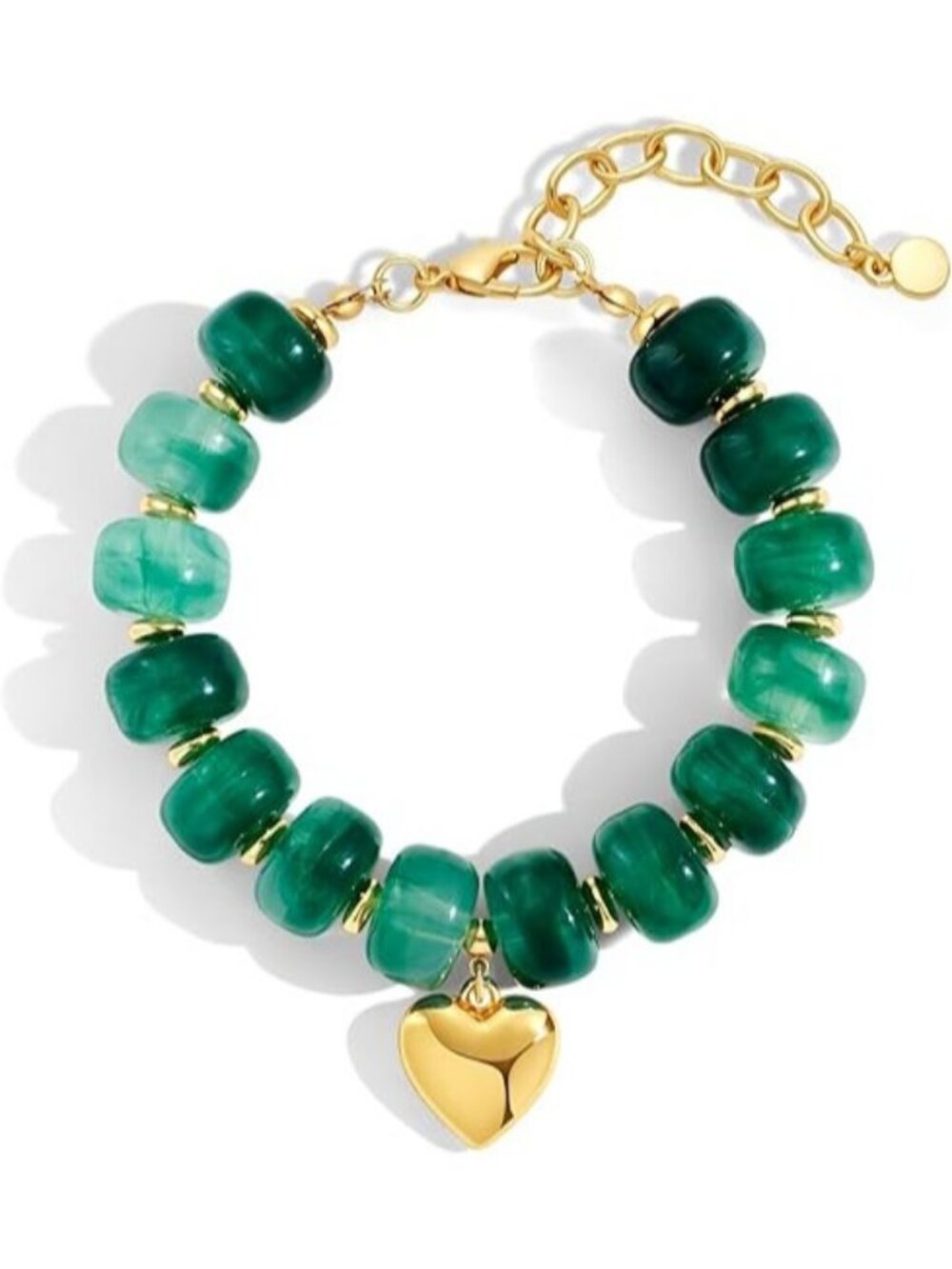 Green Chunky Beaded Bracelet Boho Gold Heart Charm Adjustable